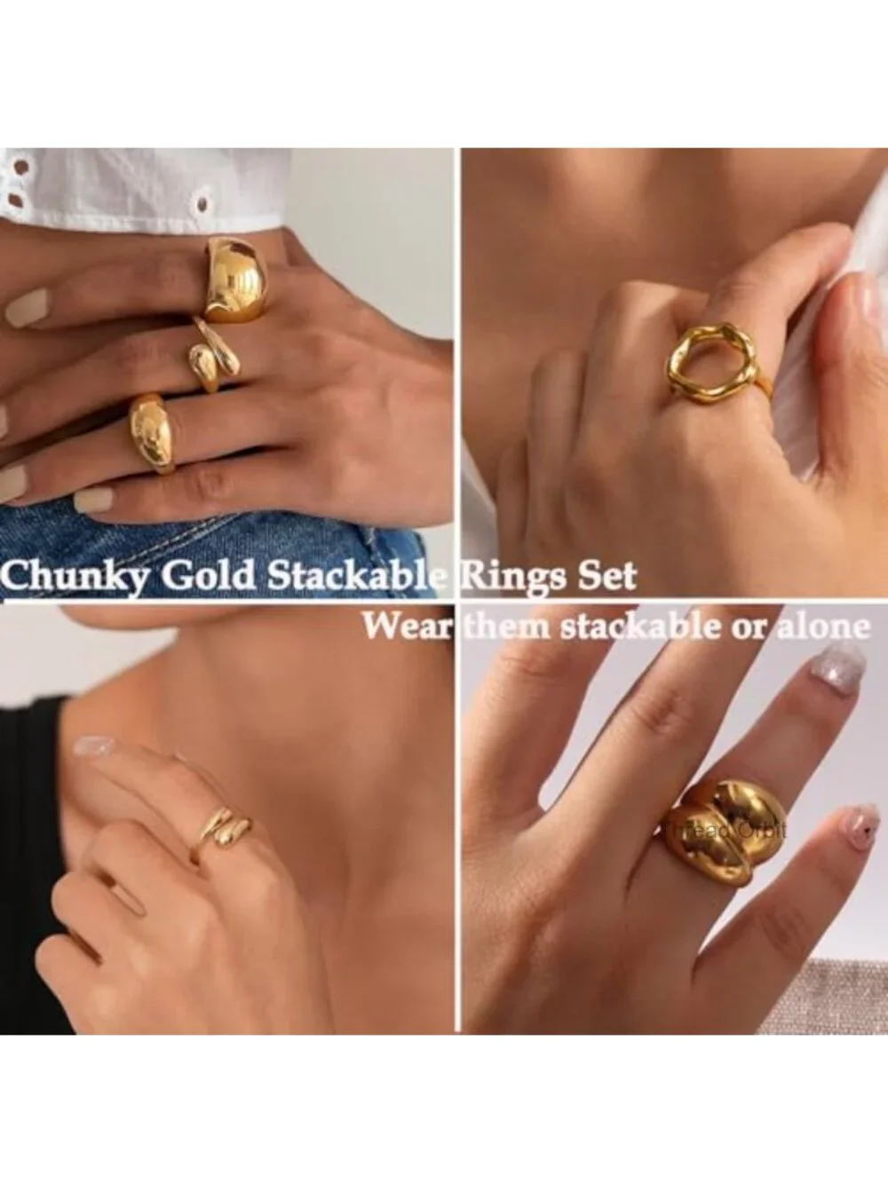 Chunky Gold Plated Stackable Rings Set for Women Dainty Adjustable Open